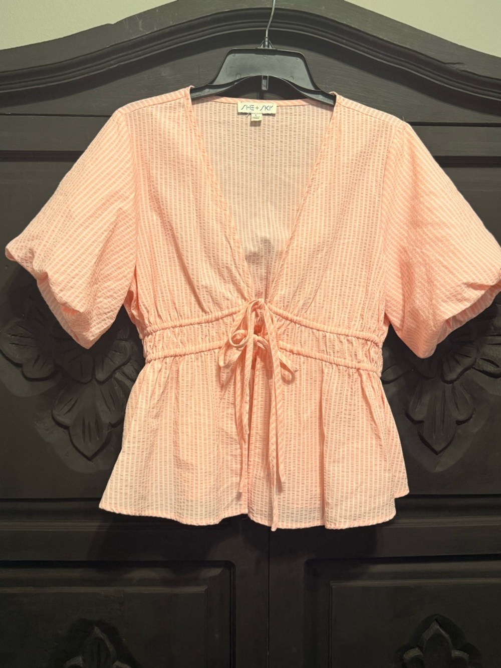She + Sky Pink Tie-Front Peplum Blouse